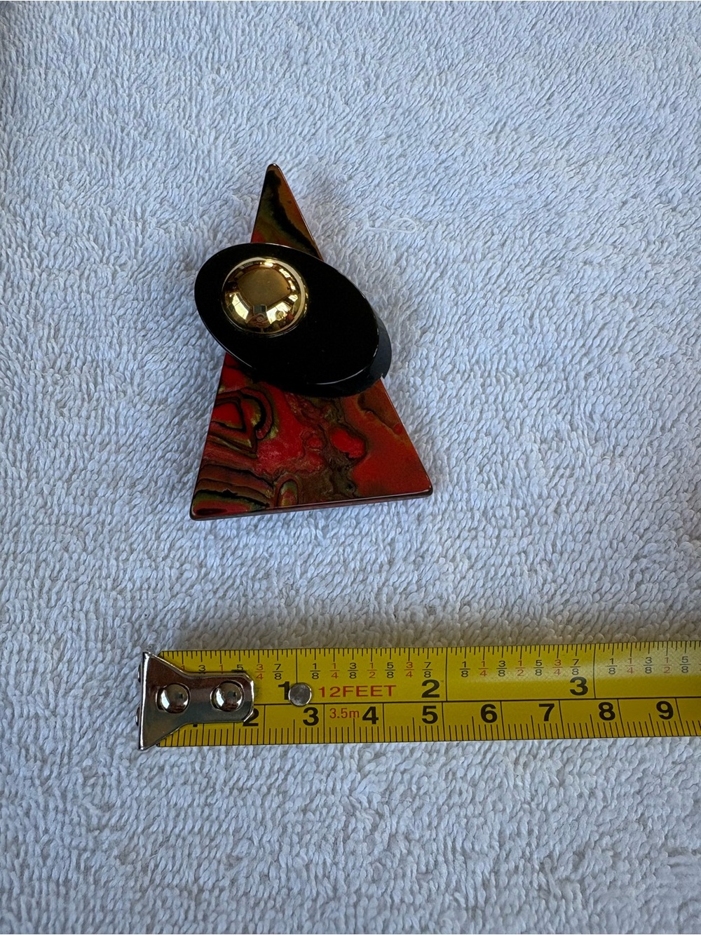 Art Deco MCM Simon Chang Geometric Abstract Acrylic Brooch Red Marble Gold - Picture 8 of 8